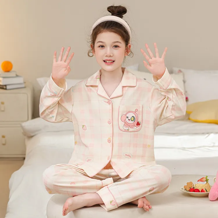 新款长袖开衫女孩睡衣秋季套装女大童小孩外穿卡通薄款透气两件套