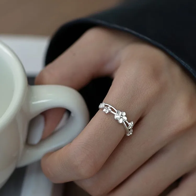 足银戒指 足银990纯银111戒指女气质双层花朵甜美森系小清新戒子