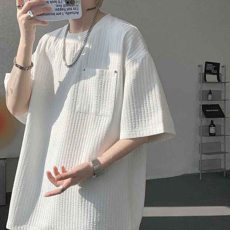 美式潮流肌理感短袖圆领t恤男士2025夏季宽男士男条纹长袖t恤