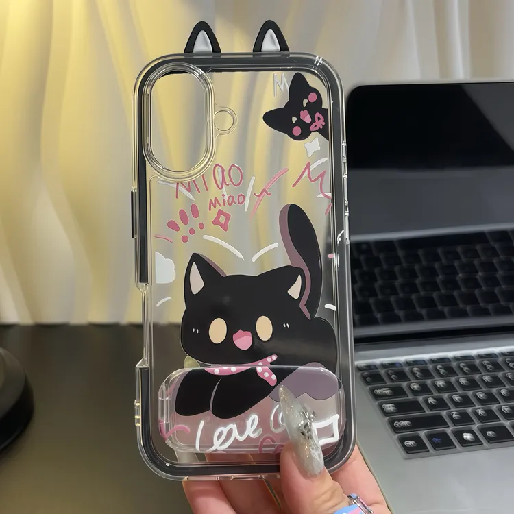 黑猫耳朵支架适用苹果16手机壳iPhone15小米14vivoppo华为p70套女