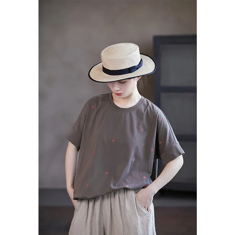 夏季新款文艺复古ins原创女装灰棕色满幅波点绣花宽松针织短袖T恤