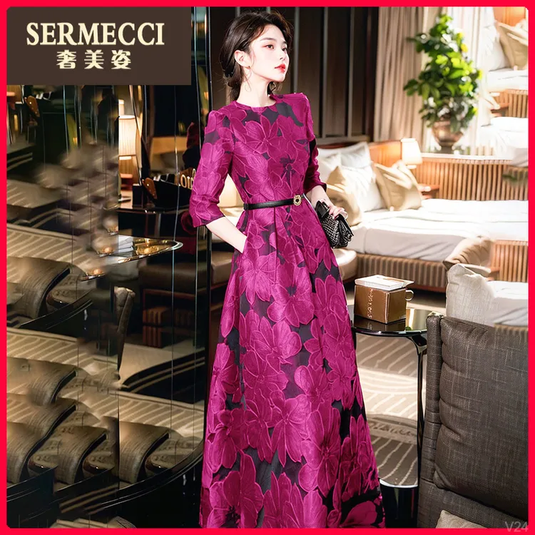 上档次高腰时尚洋气2025年玫红色奢美姿夏季气质长裙连衣裙