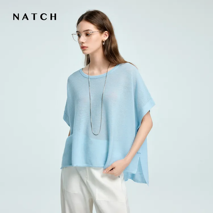NATCH/南枳宽松天丝针织短袖T恤女2025夏新款不规则阔版开叉上衣