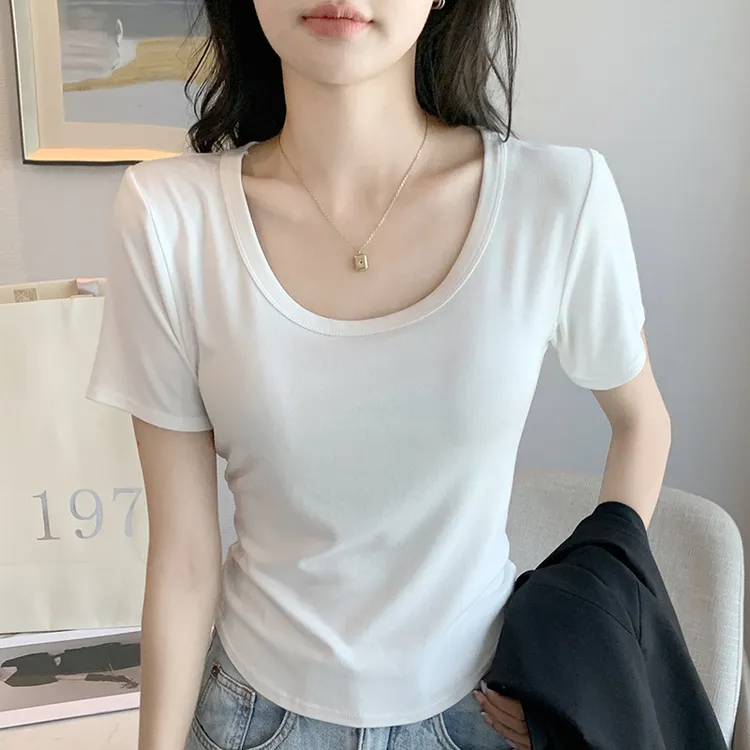 女装外贸纯色圆领领短袖恤夏季新款韩版修身掐腰显瘦上衣潮