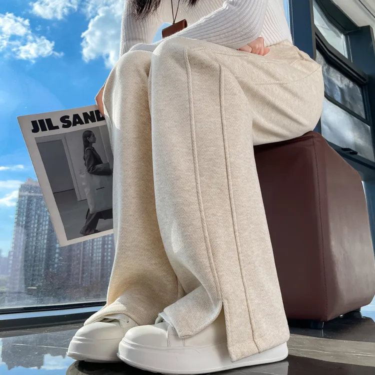 人字纹侧开叉毛呢阔腿裤女九分小个子大码加绒加厚直筒长裤秋冬季