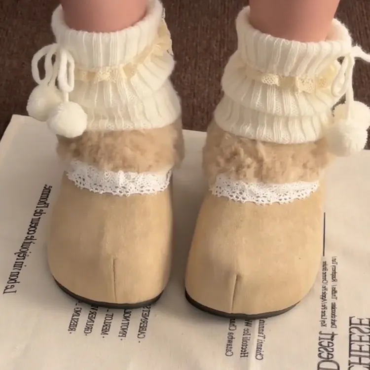 花边毛毛内增高小个子勃肯棉鞋女2025冬季新款厚底内增高外穿单鞋