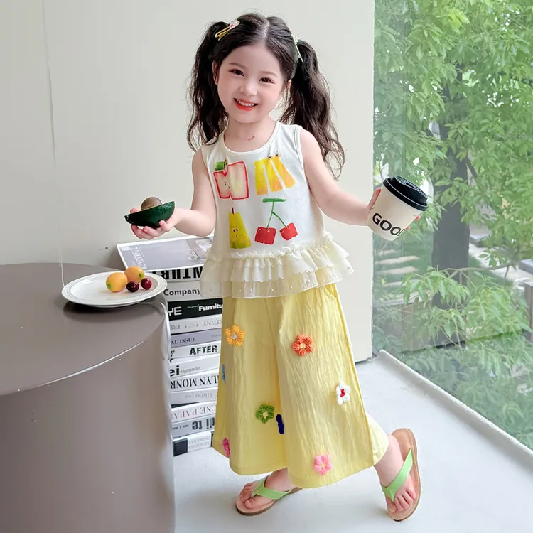 女童夏季无袖套装新款儿童水果拼接珍珠背心女宝夏装阔腿裤两件套