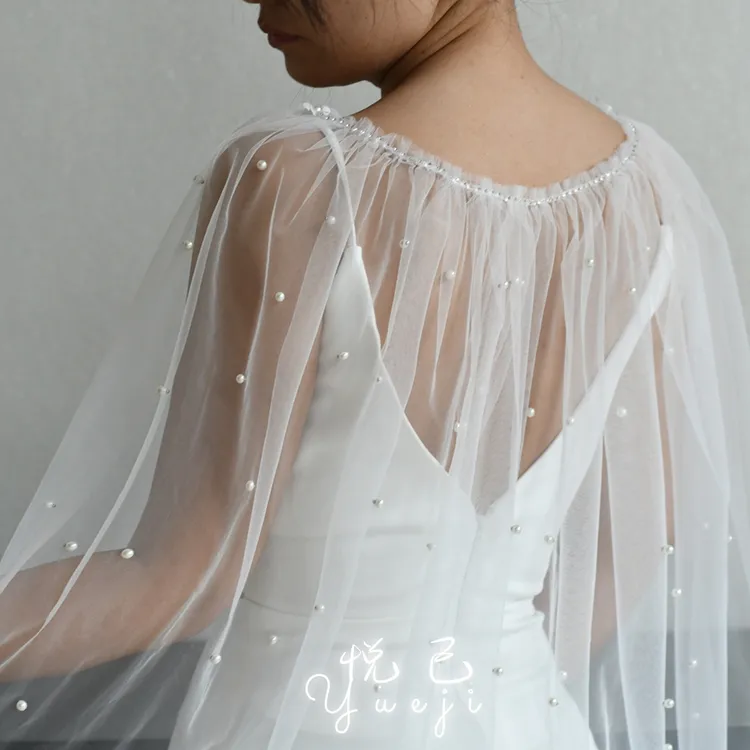 悦己夏季长款薄纱婚庆披肩结婚白色舞会表演装饰斗篷汉服配饰珍珠
