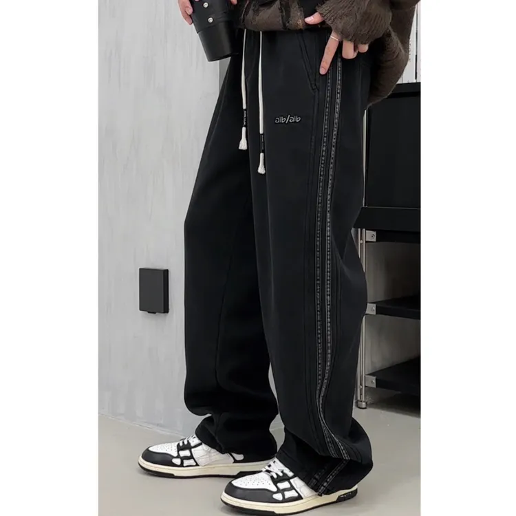 26309冬季加绒直筒裤休闲裤宽松型青少年侧条黑色长裤