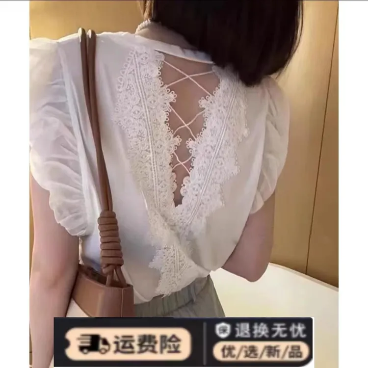 【黑色蕾丝交叉露背短袖t恤】女2025新款夏季洋气独特别致上衣