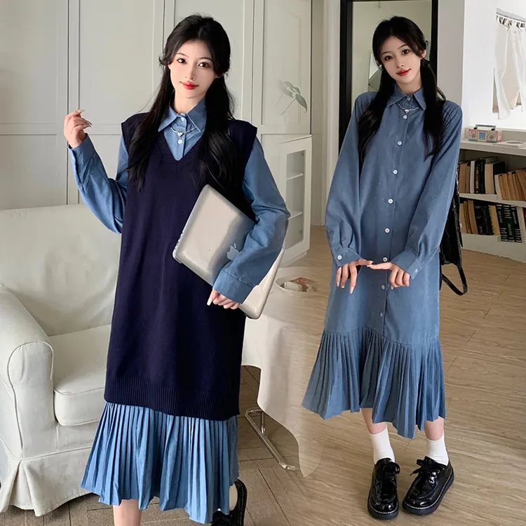 2025大码女装网红春秋连衣裙套装时尚款秋冬装衬衫长裙背心套装