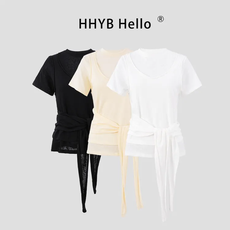 HHYB Hello2025圆领休闲假两件拼接T恤绑带设计感小众上衣250567