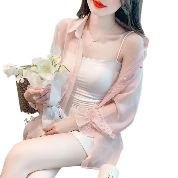 衬衫夏季微透衬衣2024开衫防晒衣宽松长袖夏季女上衣纯色