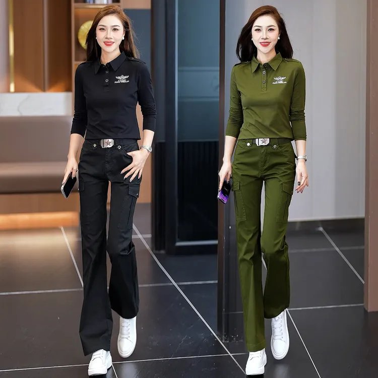 正品军绿迷彩POLO衫女秋季2025新款长袖T恤上衣工装裤微喇裤套装