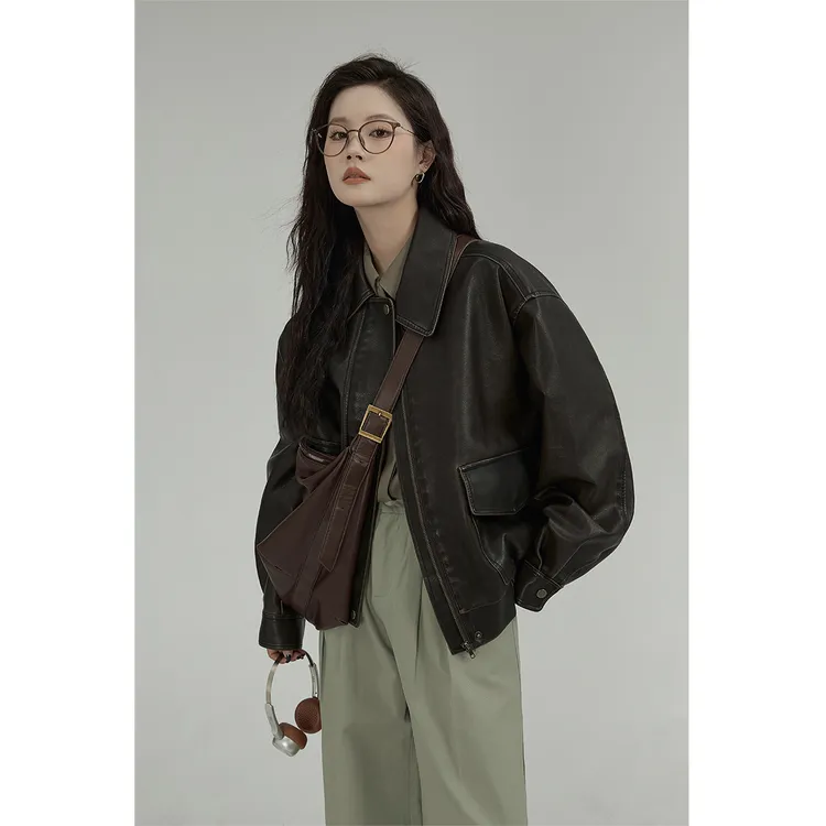 NAHOPULER/纳霍浦勒棕色皮衣外套女款美式复古宽松翻领机车服夹克