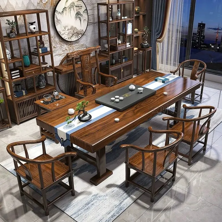 高端实木大板茶桌一桌五椅新中式办公家用茶台一体一整套泡茶茶几