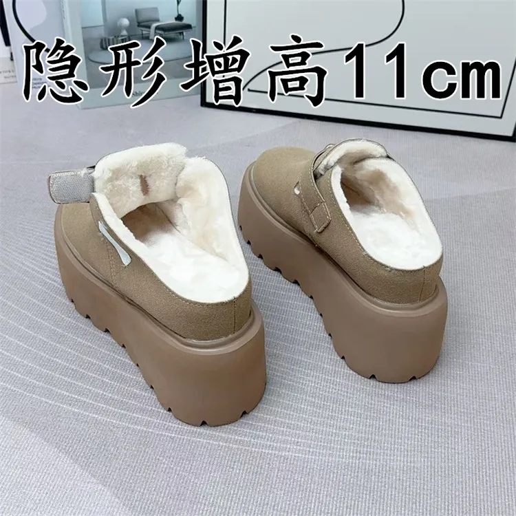 真皮复古包头半拖鞋女冬加绒松糕厚底复古一脚蹬穆勒鞋内增高女鞋