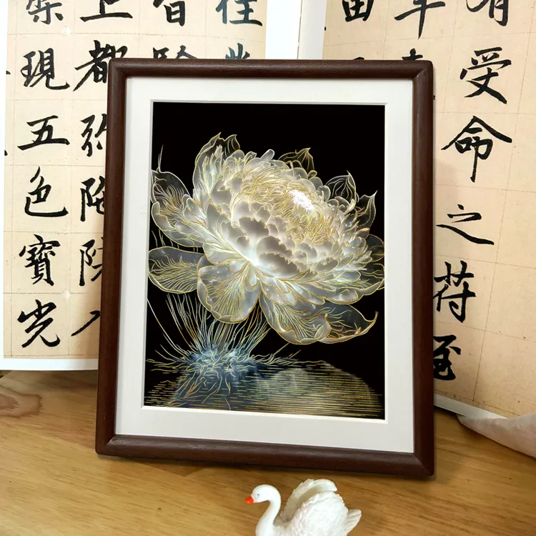 光影睡莲实木铜雕版画新中式卧室客厅桌面装饰画办公室茶室摆台画
