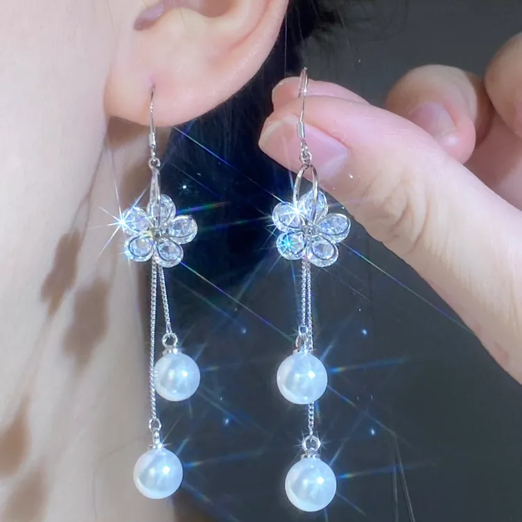 铜合金锆石耳饰 长款超仙锆石花朵流苏珠珠耳环精致气质925银针