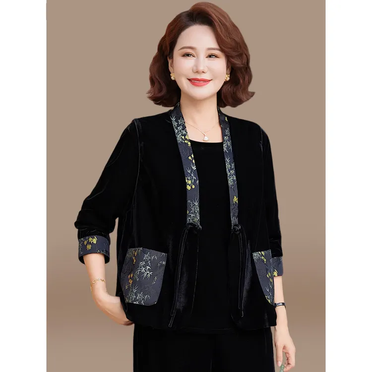 新中式妈妈秋装套装国风金丝绒马甲三件套中老年春秋打底衫上衣女