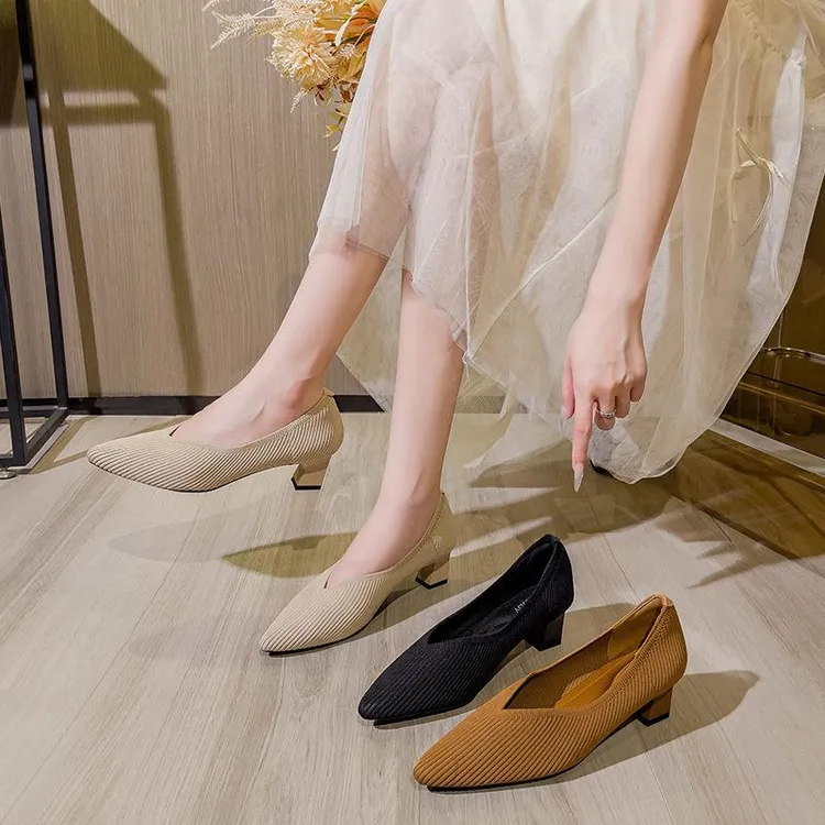 飞织鞋单鞋女2024新款日系王妃鞋同款粗跟尖头浅口春秋针织编织鞋