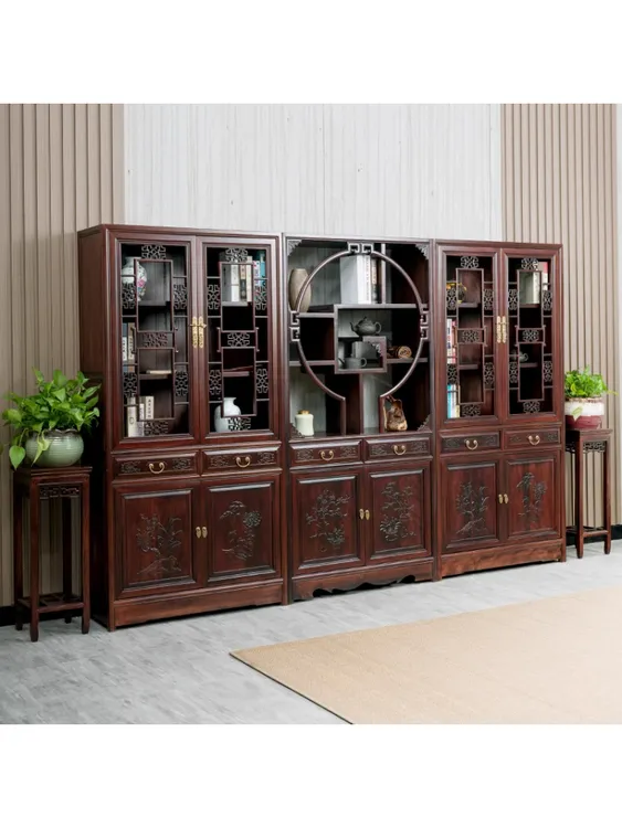 仿古实木新中式书柜书架组合书橱雕花书房储物柜展示柜办公室