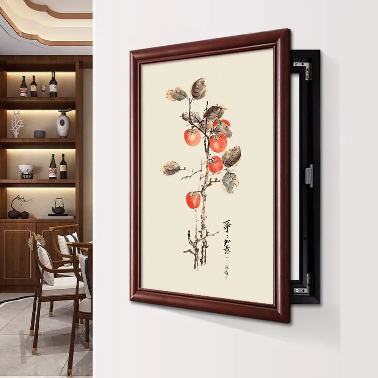 新中式电表箱装饰画实木竖款配电箱盖板事事如意免打孔餐厅挂画