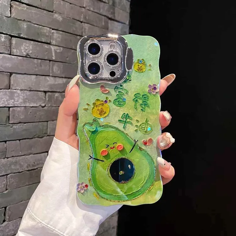 适用苹果16新款手机壳苹果iPhone15镜头支架可爱蓝光牛油果扭扭边