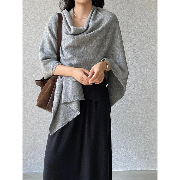 秋冬纯色无袖斗篷款毛针织围巾韩系慵懒风外搭时尚百搭长款大披肩