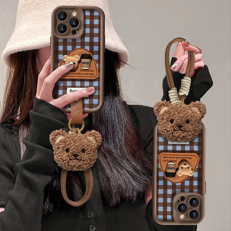 咖啡熊支架适用于苹果16promax天眼羊皮手机壳华为vivo/oppo小米