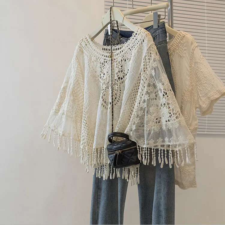 复古高级感钩花镂空防晒短袖T恤女夏季薄外搭设计罩衫蝙蝠袖上衣