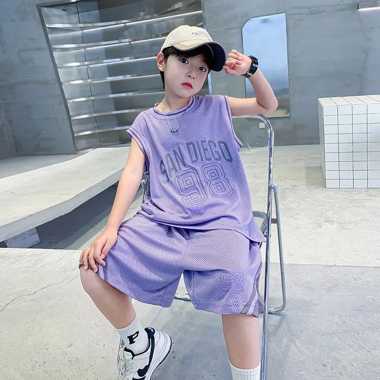 男童夏装篮球服套装2025新款中大童韩版透气网眼背心五分裤两件套