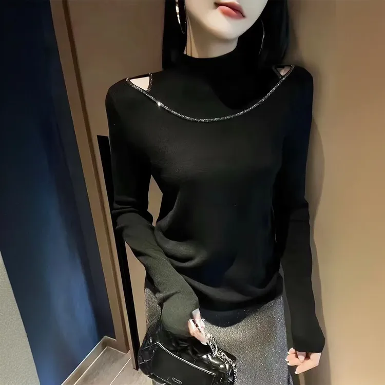 半高领双肩镂空拼接内搭长袖针织衫女设计感小众烫钻打底显瘦秋冬