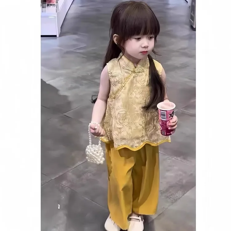 女童套装2025夏季新款新中式设计感提花汉服儿童两件套