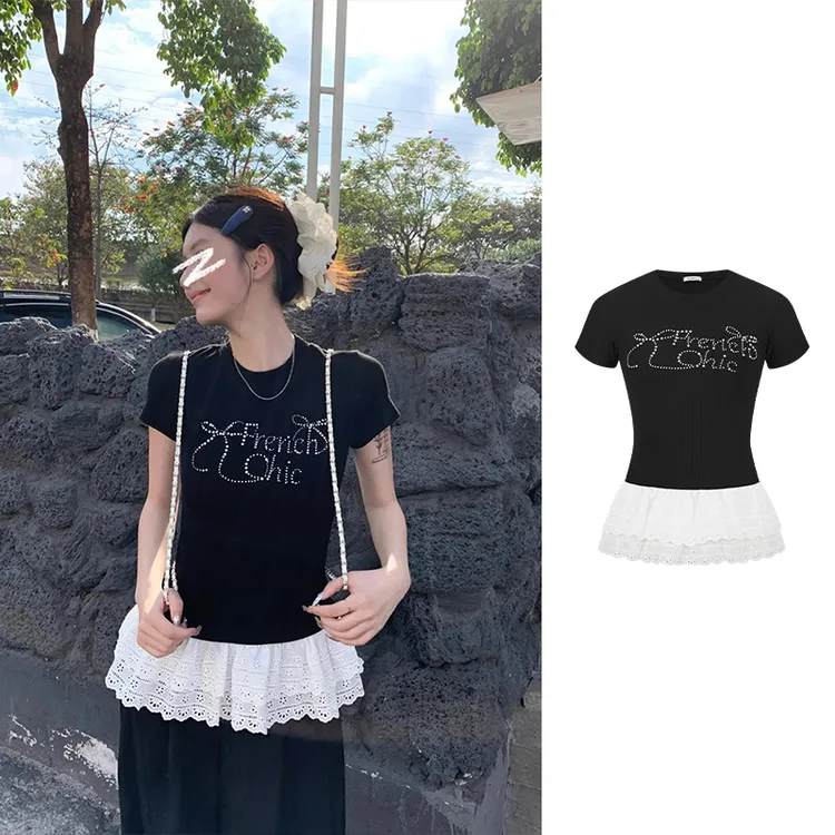 Moses Queen/魔西女王黑色蝴蝶结花边短袖t恤修身正肩短款上衣INS