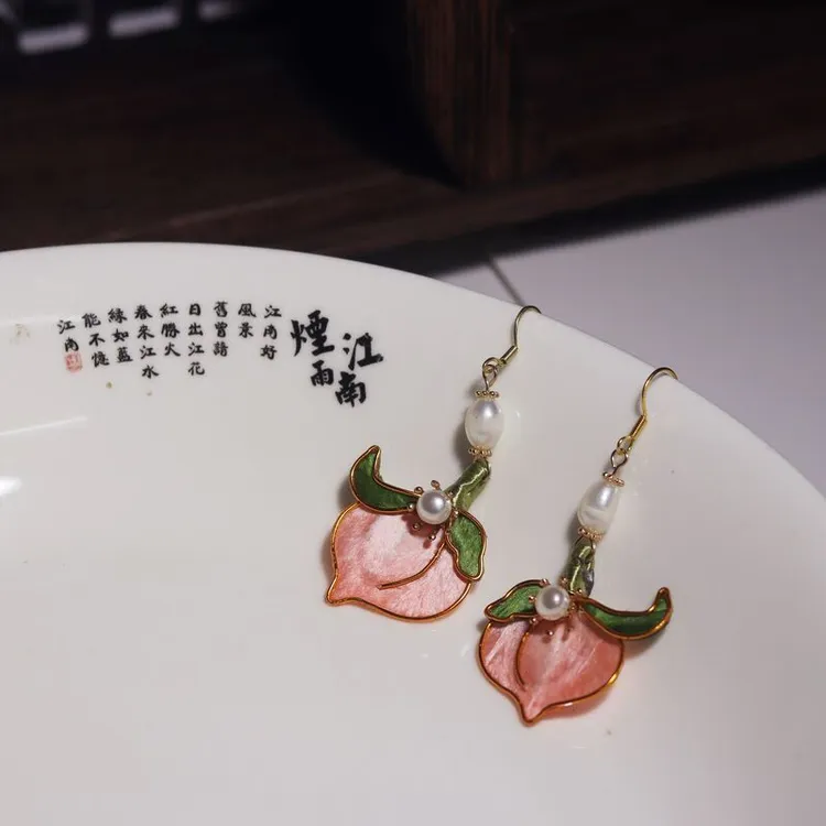 铜合金仿珍珠耳饰 非遗绒花蚕丝掐丝桃子耳环发簪发饰耳饰