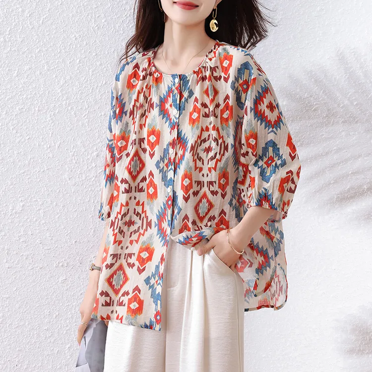 宽松减龄显瘦气质衬衫2025年夏季新款时尚印花洋气休闲百搭上衣女