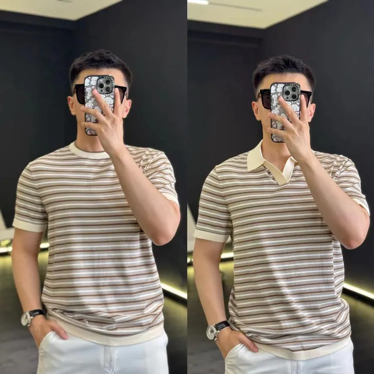 古帝特尼出品夏季男款意式横条纹针织半袖高弹力透气半袖DC-2408