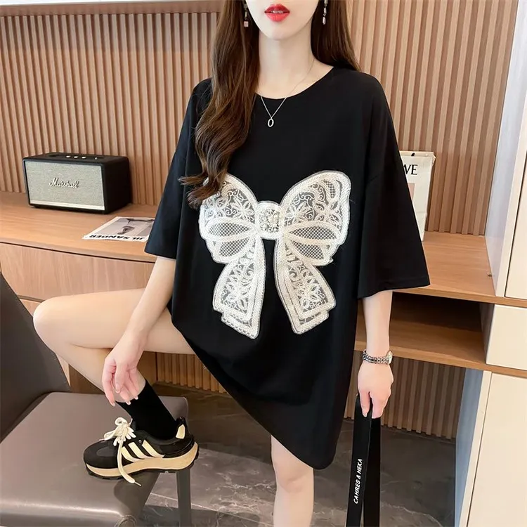 刺绣蝴蝶结今年流行夏季中长款宽松大版2025新款纯棉短袖T恤女潮