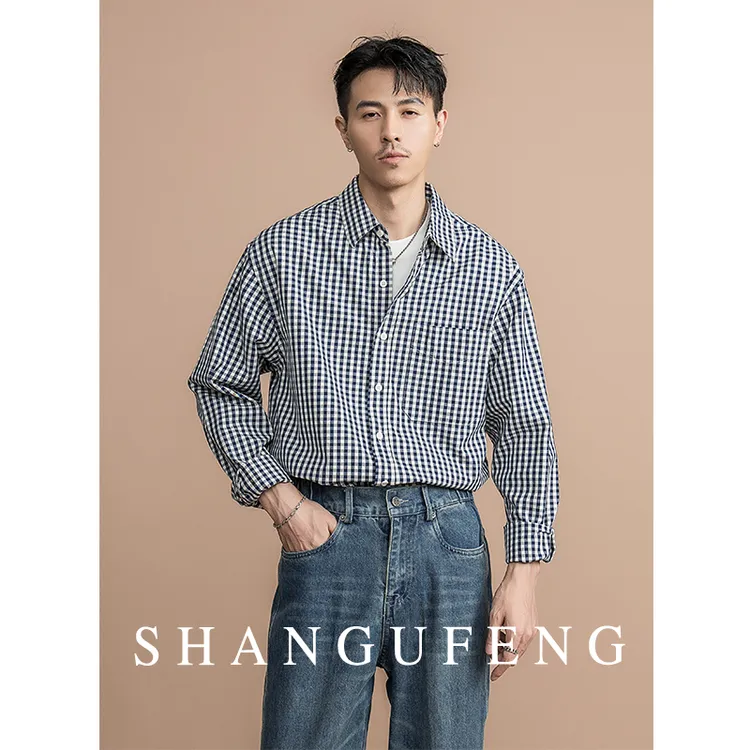 SHANGUFENG经典时髦精梳棉格子衬衫男士秋季日系百搭休闲长袖衬衣