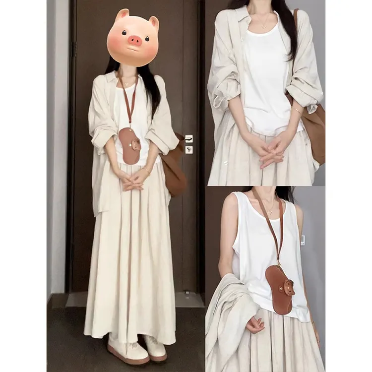 白色衬衫连衣裙女2025新款夏季流行显瘦穿搭套装小个子长裙两件套