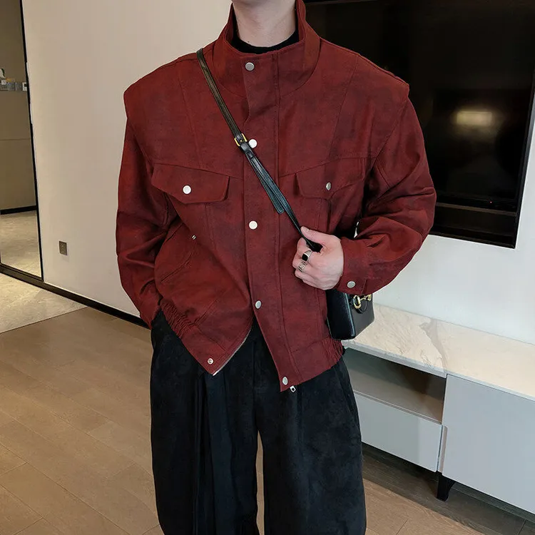 2025春款安可拉红立领机车夹克男痞帅假两件扎染短款外套美式上衣