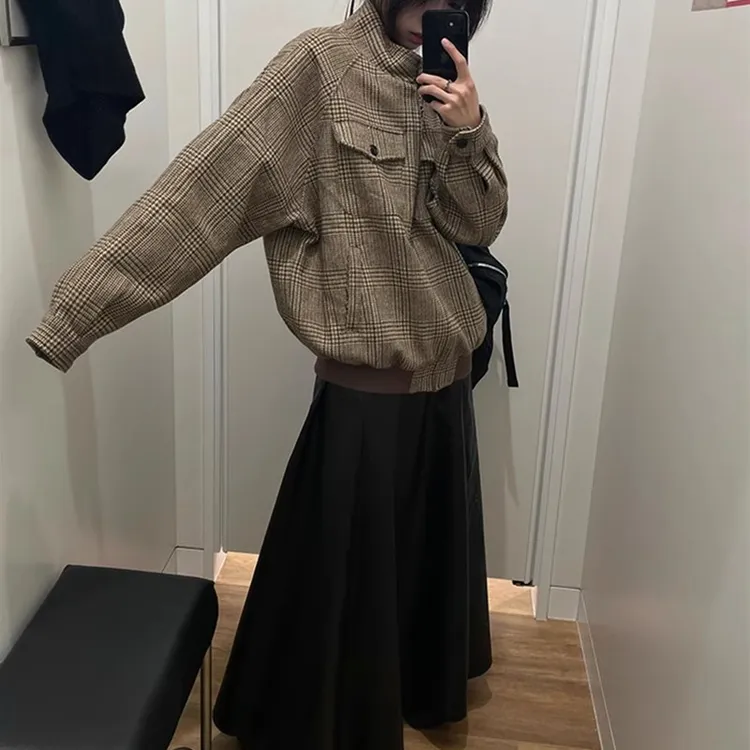 美式复古千鸟格哈灵顿短款夹克男女秋冬高级感立领cleanfit外套潮