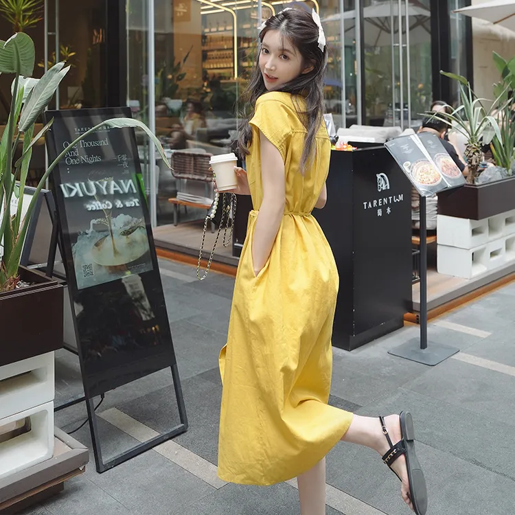 黄色衬衫设计感气质衬衫连衣裙女夏季法式独特别致掐腰宽松中长裙