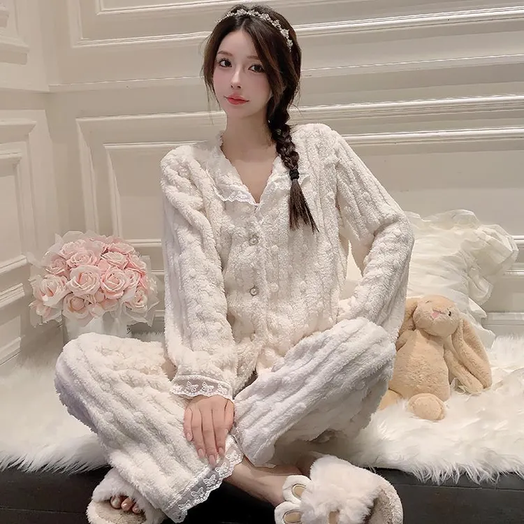 珊瑚绒睡衣女士冬季长袖加厚加绒性感纯欲风法兰绒蕾丝花边家居服