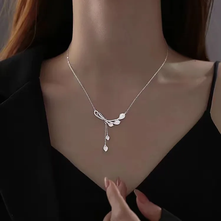 坠链均足银 叶子流苏 森系纯银锁骨链新款简约百搭闺蜜生日礼物