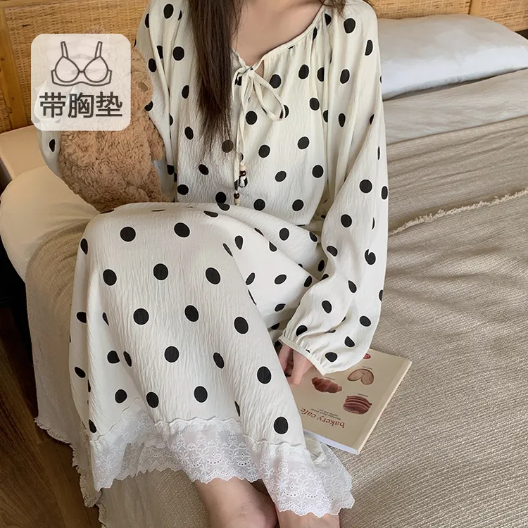 睡裙女款秋季带胸垫高级感波点长袖睡衣网红宽松女士家居服可外穿