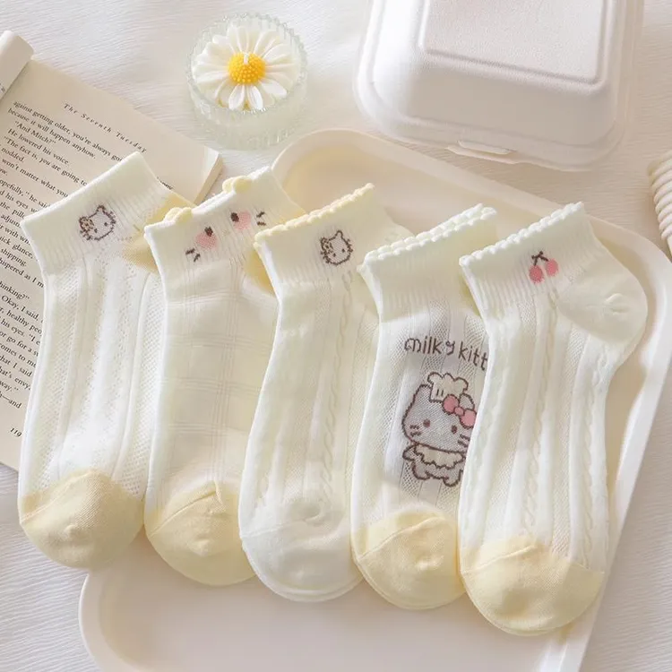 花边薄款袜子夏季女孩kt小猫短袜透气夏镂空可爱女童百搭浅口船袜