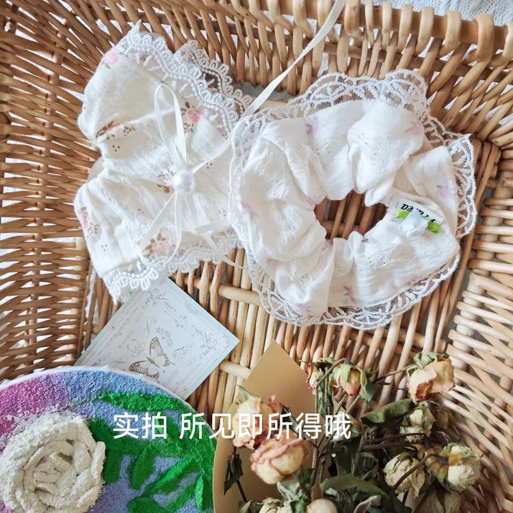 海棠春色~米色碎花蝴蝶结蕾丝方巾大肠发圈女韩系大号ins甜美发圈