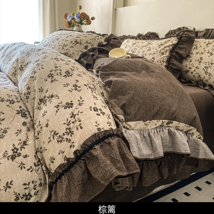 2025复古风亚麻原麻大花边四件套